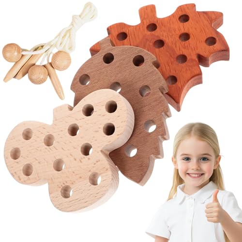 Wedhapy Schnürkarten aus Holz, sicheres Fädelspielzeug in Blätterform, fördert Konzentration und Beobachtungsgabe, Feinmotorik-Spielzeug für Jungen und Mädchen ab 3 Jahren von Wedhapy