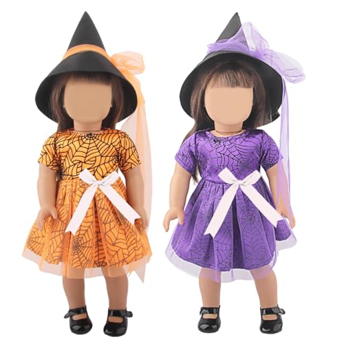 18 Zoll Puppenkleidung, 2 Set Halloween Puppenkleidung ziemlich sicher 18 Zoll und Accessoires enthalten Hexenhut, Kleid für Halloween -Kostüme Mädchen Geschenke von Weduspaty