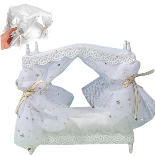 Puppenbett, Puppenhausbett für Prinzessin 1:12 Skala Simulierte Puppe mit Vorhang & Krawatte DIY Friendly Decorative für Puppenhaus -Enthusiasten, Weiß von Weduspaty