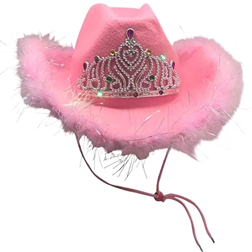 Weduspaty Cowgirl -Hut, Cowgirl -Hut mit flauschigem Rand, Glitzer Cowboy -Hut Frauen mit Nackenseil, süße Cowgirl -Kostüminnen, Cowgirl Accessoires für Kostüme Urlaub von Weduspaty