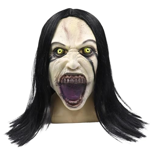 Weduspaty Dämonmaske, Halloween Maske weinende Frau Horror Zombie mit Perücken vollen Kopf beängstigender böser gruseliger Frauen Ghost für Halloween Masquerade Party Cosplay Requisiten von Weduspaty