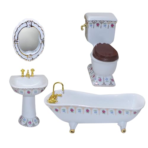 Weduspaty Dollhouse Badezimmer Set enthalten Toilettenbadeweicher Basin Mirror 1:12 Puppenhausmöbel Spielzeug mit Blumenmuster für Puppenhauszubehör, Puppenhausbadewanne von Weduspaty