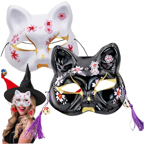 Weduspaty Japanische Maske, 2pcs Katzenmaske Japanischer Stil Kabuki Halloween, 7, 3x6.9 PVC halbe Gesichtskatze mit Quasten für Halloween Cosplay Masquerade Party von Weduspaty