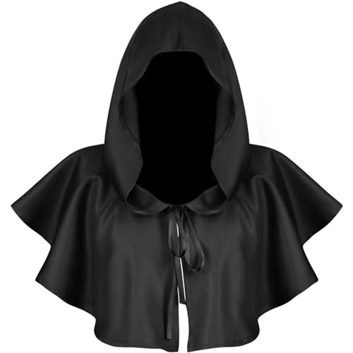 Weduspaty Mittelalterlicher Umhang, Kapuze -Umhang Vintage Halloween mittelalterlicher Motorhut für Männer Frauen kurz Unisex schwarz weich atmungsaktiv für heidnisches Cosplay von Weduspaty