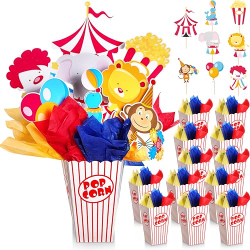 Weekgrat 4 Sets Zirkus Karneval Party Tafelaufsätze Dekorationen Zirkus Thema Tischaufsätze mit Popcorn Box Ausschnitte und Stäbchen für Karneval Party Geburtstag Dekor Supplies von Weekgrat