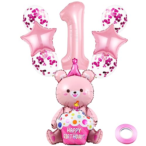 Weenkeey 1 Jahre Bären Geburtstag Deko Große Bär Folienballon 1. Geburtstag Bär Ballon Rosa Zahl 1 Luftballon für Mädchen Jungen Geburtstag Party von Weenkeey