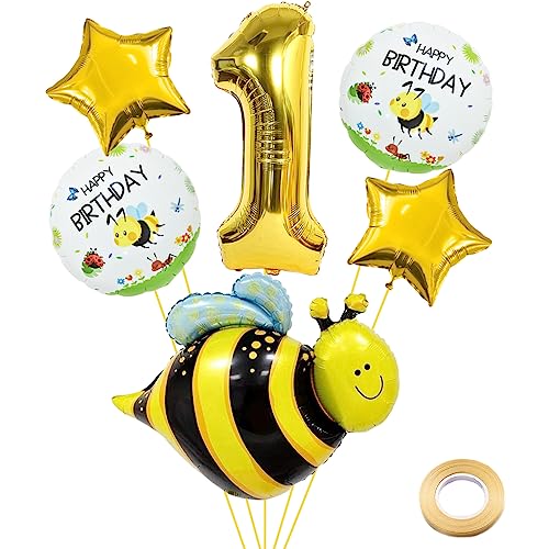 Weenkeey 1 Jahre Biene Geburtstag Deko Große Biene Folienballon 1. Geburtstag Honigbienen Ballon Gold Zahl 1 Luftballon für Baby Shower Mädchen Jungen Geburtstag Party von Weenkeey