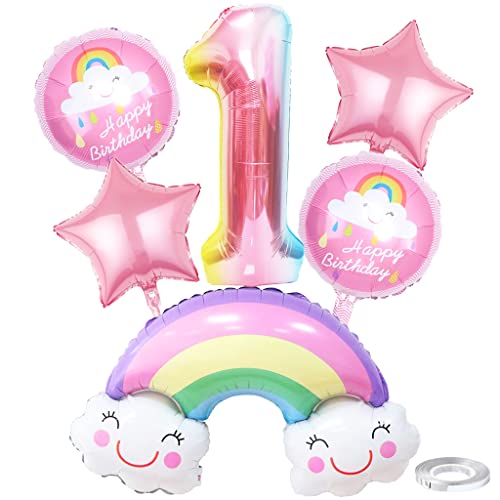 Weenkeey 1 Jahre Regenbogen Geburtstag Deko Großes Regenbogen Folienballon 1. Geburtstag Regenbogen Ballon Zahl 1 Luftballon für Mädchen Geburtstag Party von Weenkeey