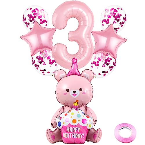 Weenkeey 3 Jahre Bären Geburtstag Deko Große Bär Folienballon 3. Geburtstag Bär Ballon Rosa Zahl 3 Luftballon für Mädchen Jungen Geburtstag Party von Weenkeey