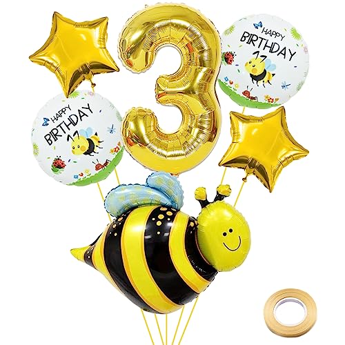 Weenkeey 3 Jahre Biene Geburtstag Deko Große Biene Folienballon 3. Geburtstag Honigbienen Ballon Gold Zahl 3 Luftballon für Mädchen Jungen Geburtstag Party von Weenkeey