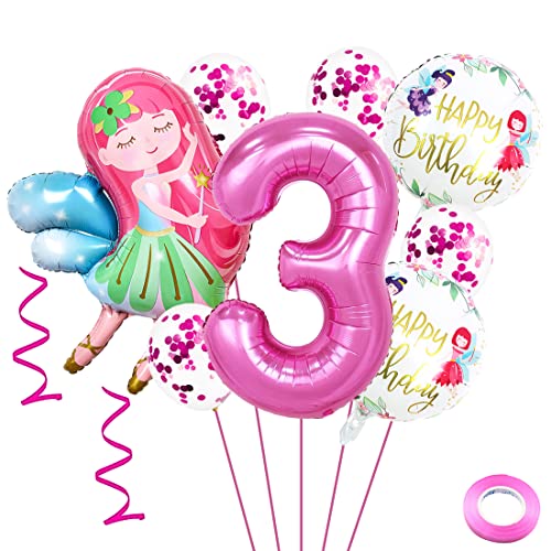 Weenkeey 3 Jahre Feen Geburtstag Deko Großes Fee Folienballon 3. Geburtstag Feen Ballon Rosa Zahl 3 Luftballon für Mädchen Geburtstag Party von Weenkeey