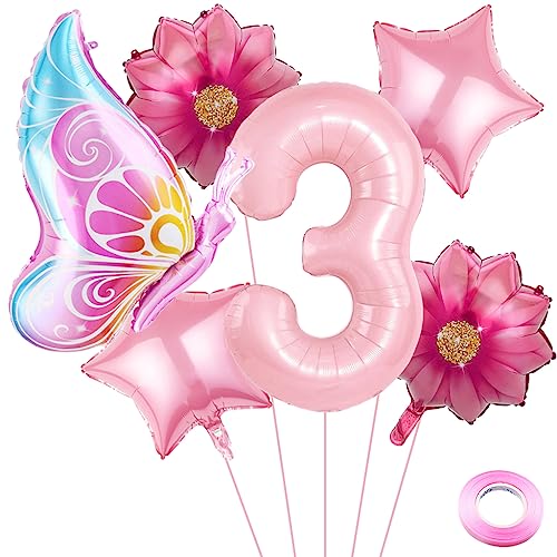 Weenkeey 3 Jahre Schmetterling Geburtstag Deko Große Schmetterling Folienballon 3. Geburtstag Schmetterling Luftballon Rosa Zahl 3 Luftballon für Mädchen Geburtstag Party von Weenkeey