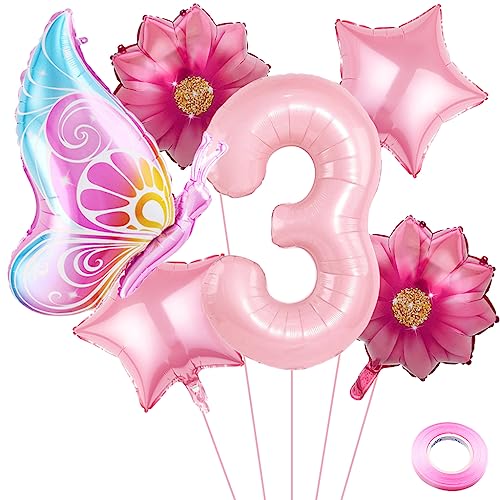 Weenkeey 3 Stück Rosa Schmetterlingsballon mit Zahl 3 für Mädchen 3 Jahre Geburtstag Party Dekoration von Weenkeey