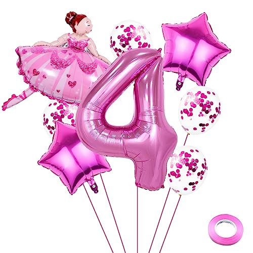 Weenkeey 4 Jahre Ballett Geburtstag Deko Große Ballerina Luftballon 4. Geburtstag Ballett Folienballon Rosa Zahl 4 Luftballon für Mädchen Geburtstag Party von Weenkeey