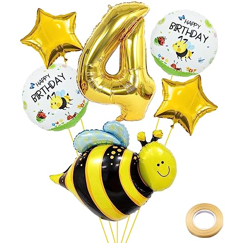 Weenkeey 4 Jahre Biene Geburtstag Deko Große Biene Folienballon 4. Geburtstag Honigbienen Ballon Gold Zahl 4 Luftballon für Mädchen Jungen Geburtstag Party von Weenkeey