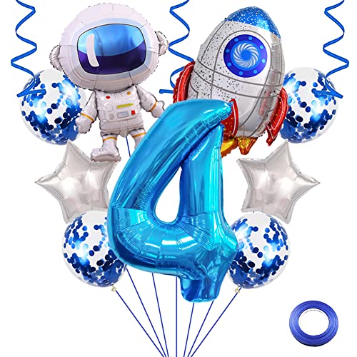Weenkeey 4. Geburtstag Weltraum Luftballons Riesen Astronaut Rakete Folienballons 32 Zoll Blau Zahl 4 Helium Ballon 4. Geburtstag Luftballon Raummann Mylar Balloon für Junge Geburtstag Party von Weenkeey