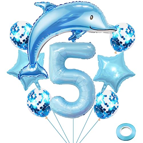 Weenkeey 5 Jahre Delfin Geburtstag Deko Große Delfin Folienballon 5. Geburtstag Delfin Ballons Hellblau Zahl 5 Luftballon für Jungen Geburtstag Party von Weenkeey