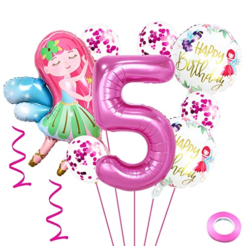Weenkeey 5 Jahre Feen Geburtstag Deko Großes Fee Folienballon 5. Geburtstag Feen Ballon Rosa Zahl 5 Luftballon für Mädchen Geburtstag Party von Weenkeey