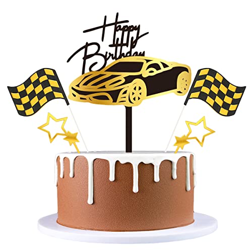 Weenkeey 5 Stück Rennwagen Cake Topper Tortendeko Acryl Auto Happy Birthday Kuchen Topper Racing Theme Kuchenaufsatz mit Stern Checkered Flaggen Cake Picksfür Jungen Geburtstags Party - Gold von Weenkeey