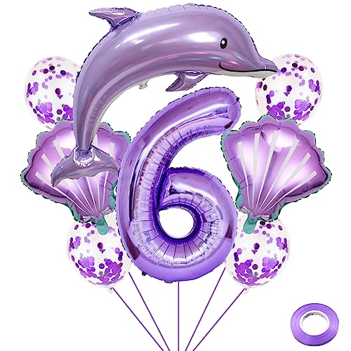 Weenkeey 6 Jahre Delfin Geburtstag Deko Große Delfin Folienballon 6. Geburtstag Delfin Ballons Lila Zahl 6 Luftballon für Mädchen Geburtstag Party von Weenkeey