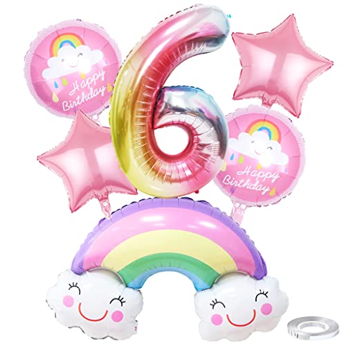 Weenkeey 6 Jahre Regenbogen Geburtstag Deko Großes Regenbogen Folienballon 6. Geburtstag Regenbogen Ballon Zahl 6 Luftballon für Mädchen Geburtstag Party von Weenkeey