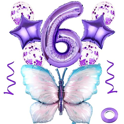 Weenkeey 6 Jahre Schmetterling Geburtstag Deko Große Bunt Schmetterling Folienballon 6. Geburtstag Schmetterling Luftballon Lila Zahl 6 Luftballon für Mädchen Geburtstag Party von Weenkeey