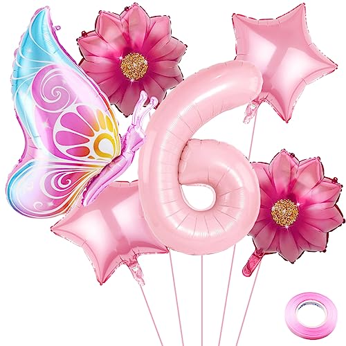 Weenkeey 6 Jahre Schmetterling Geburtstag Deko Große Schmetterling Folienballon 6. Geburtstag Schmetterling Luftballon Rosa Zahl 6 Luftballon für Mädchen Geburtstag Party von Weenkeey