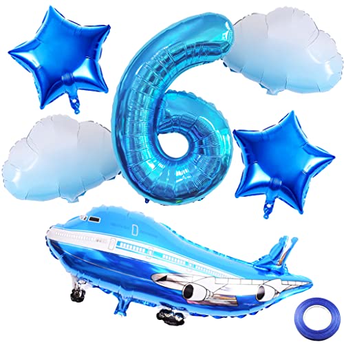 Weenkeey 6. Flugzeug Geburtstag Dekoration 6 Jahre Geburtstag Flugzeug Luftballons Flugzeug Cloud Folienballons Blau Zahl 6 Helium Ballon für Flugzeug Party Junge Geburtstag Party Supplies von Weenkeey