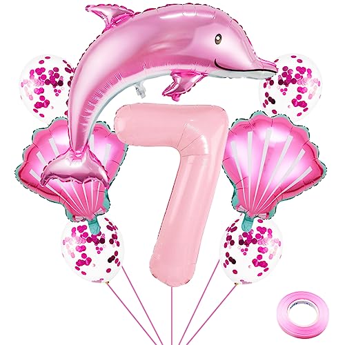 Weenkeey 7 Jahre Delfin Geburtstag Deko Große Delfin Folienballon 7. Geburtstag Delfin Ballons Rosa Zahl 7 Luftballon für Mädchen Geburtstag Party von Weenkeey