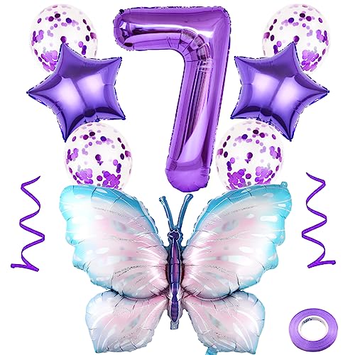 Weenkeey 7 Jahre Schmetterling Geburtstag Deko Große Bunt Schmetterling Folienballon 7. Geburtstag Schmetterling Luftballon Lila Zahl 7 Luftballon für Mädchen Geburtstag Party von Weenkeey
