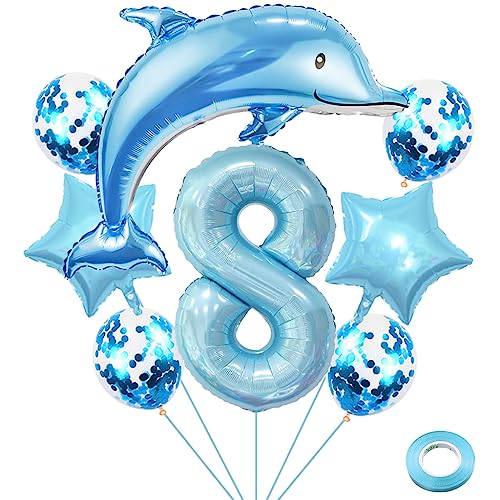 Weenkeey 8 Jahre Delfin Geburtstag Deko Große Delfin Folienballon 8. Geburtstag Delfin Ballons Hellblau Zahl 8 Luftballon für Jungen Geburtstag Party von Weenkeey