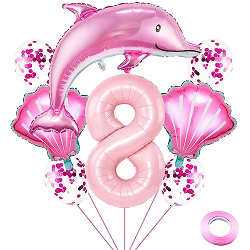 Weenkeey 8 Jahre Delfin Geburtstag Deko Große Delfin Folienballon 8. Geburtstag Delfin Ballons Rosa Zahl 8 Luftballon für Mädchen Geburtstag Party von Weenkeey