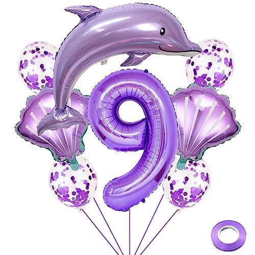 Weenkeey 9 Jahre Delfin Geburtstag Deko - Große Folienballon, Lila Zahl 9 Luftballon für Mädchen Party von Weenkeey
