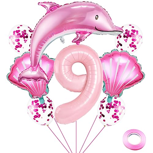 Weenkeey 9 Jahre Delfin Geburtstag Deko Große Delfin Folienballon 9. Geburtstag Delfin Ballons Rosa Zahl 9 Luftballon für Mädchen Geburtstag Party von Weenkeey