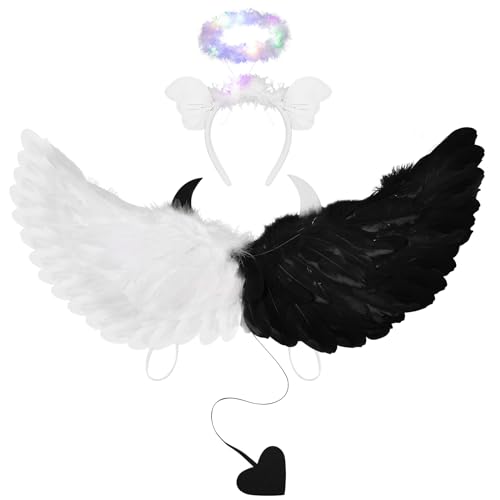 Weewooday 2 Stück Engel Kostüm Set inklusive Engelsflügel und Engel Stirnband Engel Flügel Kostüm mit Elastischen Bändern für Kinder Erwachsene Halloween Karneval Cosplay (Schwarz, Weiß) von Weewooday