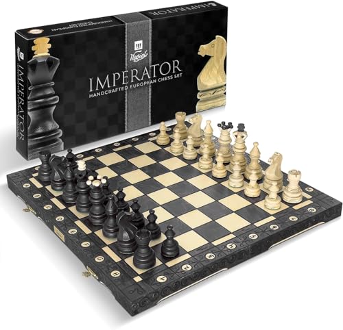 Wegiel Imperator Luxus-Schach-Set aus Holz für Erwachsene und Kinder, handgefertigt aus hochwertigem Buchen- und Birkenholz, einzigartiges Faltdesign mit Schachfiguren-Aufbewahrung, schwarz, 53,3 cm von Wegiel
