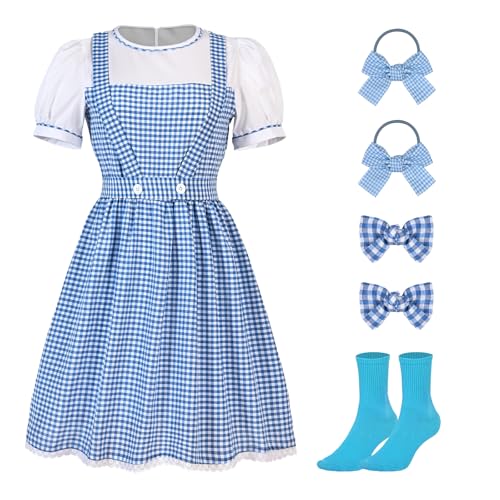 Halloween-Kostüm für Erwachsene, Dorothy-Kleid, einfach zu tragen, gefälschtes zweiteiliges Kleid, langes blaues Karomuster, geeignet für Party, Urlaub, Dating, Alltag, Maskerade, Kostümspiel usw. von Wegitcs
