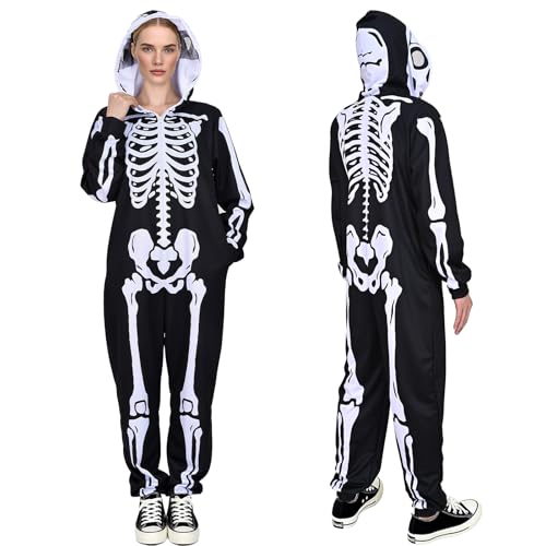 Wegitcs Halloween-Skelett-Kostüm für Erwachsene, bequemer Skelett-Einteiler, Jumpsuit, Halloween-Schlafanzug für Damen und Herren, Knochenmuster vorne und hinten, mit Reißverschluss, Kapuze, für Wegitcs Halloween-Skelett-Kostüm für Erwachsene, bequemer Skelett-Einteiler, Jumpsuit, Halloween-Schlafanzug für Damen und Herren, Knochenmuster vorne und hinten, mit Reißverschluss, Kapuze, für von Wegitcs
