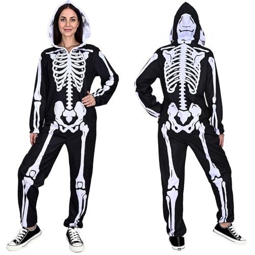 Wegitcs Halloween-Skelett-Kostüme für Damen, doppelseitiger Druck, Skelett-Einteiler für Erwachsene, mit Kapuze, Reißverschluss, Halloween-Pyjama, Schwarz, XXL Wegitcs Halloween-Skelett-Kostüme für Damen, doppelseitiger Druck, Skelett-Einteiler für Erwachsene, mit Kapuze, Reißverschluss, Halloween-Pyjama, Schwarz, XXL von Wegitcs