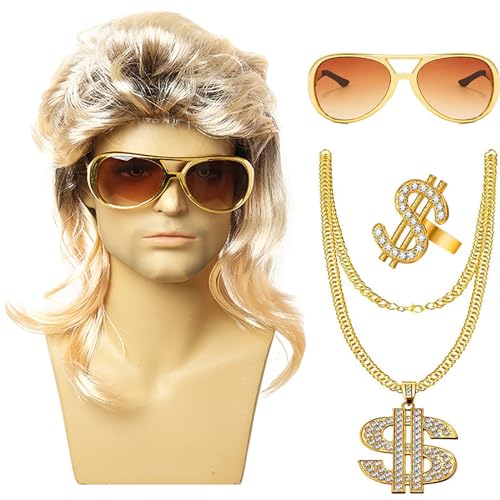 Wegiwuca 80er Jahre Curly Rock Perücke Halskette Sonnenbrillen Hippie Kostüm Set Kostümzubehör Halloween Dress Requisiten Für Partys von Wegiwuca