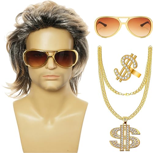 Wegiwuca 80er Jahre Curly Rock Perücke Halskette Sonnenbrillen Hippie Kostüm Set Kostümzubehör Halloween Dress Requisiten Für Partys von Wegiwuca