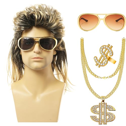 Wegiwuca 80er Jahre Curly Rock Perücke Halskette Sonnenbrillen Hippie Kostüm Set Kostümzubehör Halloween Dress Requisiten Für Partys von Wegiwuca