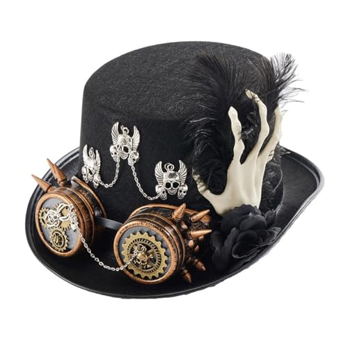 Wegiwuca Steampunk Flat Top Halloween Kostümhut Schwarzer Fleischival Top Mit Schutzbrillen Und Handskelett Für Frauen Die Sich Verkleiden von Wegiwuca