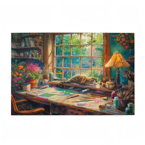 Fensterbank Puzzle Katze Puzzle Große 1000 Teile Erwachsene, Clevere Rätsel, Geschicklichkeitsspiel für die Ganze Familie, Holz Farbenfrohes Jigsaws mit Geschenkbox, Geschenke für Frauen 75x50cm D-146 von Wehsaeho