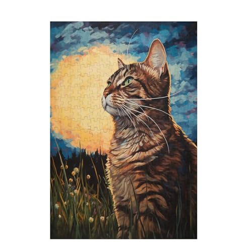 Katze Puzzle Mond Puzzle Große 200 Teile Erwachsene, Clevere Rätsel, Geschicklichkeitsspiel für die Ganze Familie, Holz Farbenfrohes Jigsaws mit Geschenkbox Verpackung, Zimmer Deko 35x25cm D-1517 von Wehsaeho