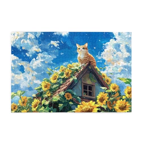Katze Puzzle Sonnenblume Puzzle Große 1500 Teile Erwachsene, Clevere Rätsel, Geschicklichkeitsspiel für die Ganze Familie, Holz Farbenfrohes Jigsaws mit Geschenkbox, Deko Wohnzimmer 87x57cm E-1703 von Wehsaeho
