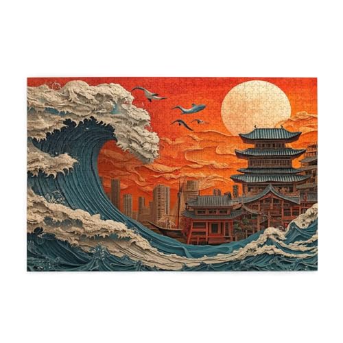 Puzzle 1000 Teile Japan Puzzle Wellen DIY Kreative Holz Jigsaws für Erwachsene mit Geschenkbox Verpackung, Impossible Herausfordernde Familie Aktivität Spiele, Deko Wohnzimmer Geschenke 75x50cm E-370 von Wehsaeho