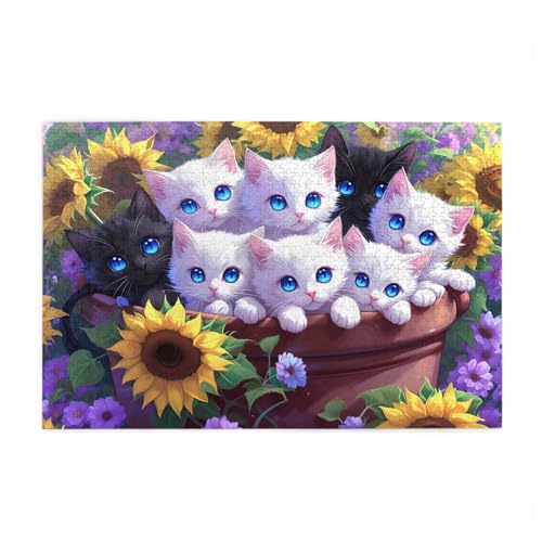 Puzzle 1000 Teile Katze Puzzle Sonnenblume DIY Kreative Holz Jigsaws für Erwachsene mit Geschenkbox Verpackung, Impossible Herausfordernde Familie Aktivität Spiele, Deko Wohnzimmer 75x50cm D-57 von Wehsaeho