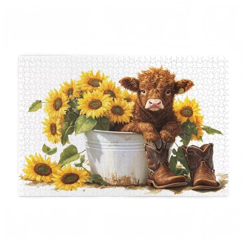 Puzzle 300 Teile Hochlandrinder Puzzle Sonnenblume DIY Kreative Holz Jigsaws für Erwachsene mit Geschenkbox Verpackung, Impossible Herausfordernde Familie Aktivität Spiele, Zimmer Deko 38x26cm D-375 von Wehsaeho