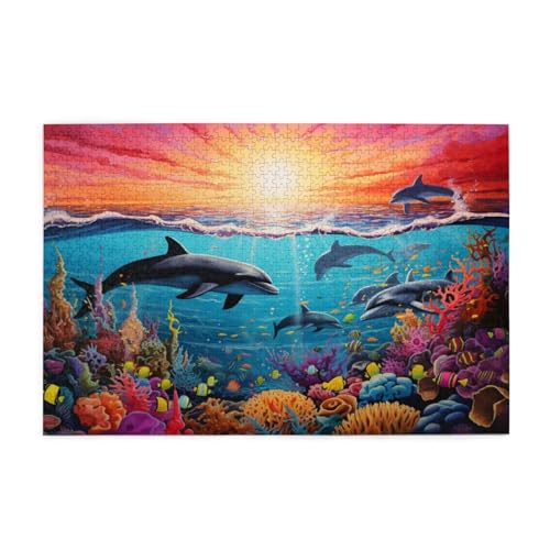 Puzzle 500 Teile Delphin Puzzle Sonnenuntergang DIY Kreative Holz Jigsaws für Erwachsene, Impossible Herausfordernde Familie Aktivität Spiele, Deko Wohnzimmer, Geschenke für Frauen 52x38cm E-525 von Wehsaeho